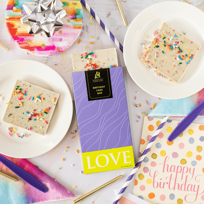 A purple birthday cake chocolate bar box, slightly opened to show a confetti covered white chocolate bar peeping out the top. Two squares of the bar sit on white plates, showcasing multicolor sprinkles. Various birthday decor is spread throughout.
