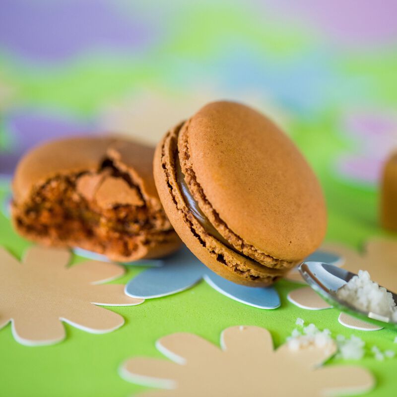 Two Dark Chocolate French macarons atop pink and blue flower cut-outs on a green background. The ruffled edges and gooey filling reveals the perfection of the cookie.  A silver spoon with sugar sits alongside the macarons.