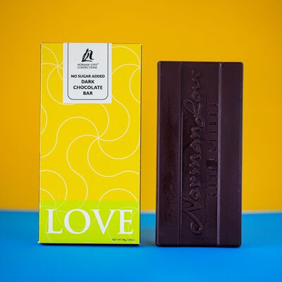 Wrapped and unwrapped No Sugar Added Dark Chocolate Bar on yellow and blue background. Wrapped bar is in yellow packaging, unwrapped bar has "Norman Love Confections" printed on it.  