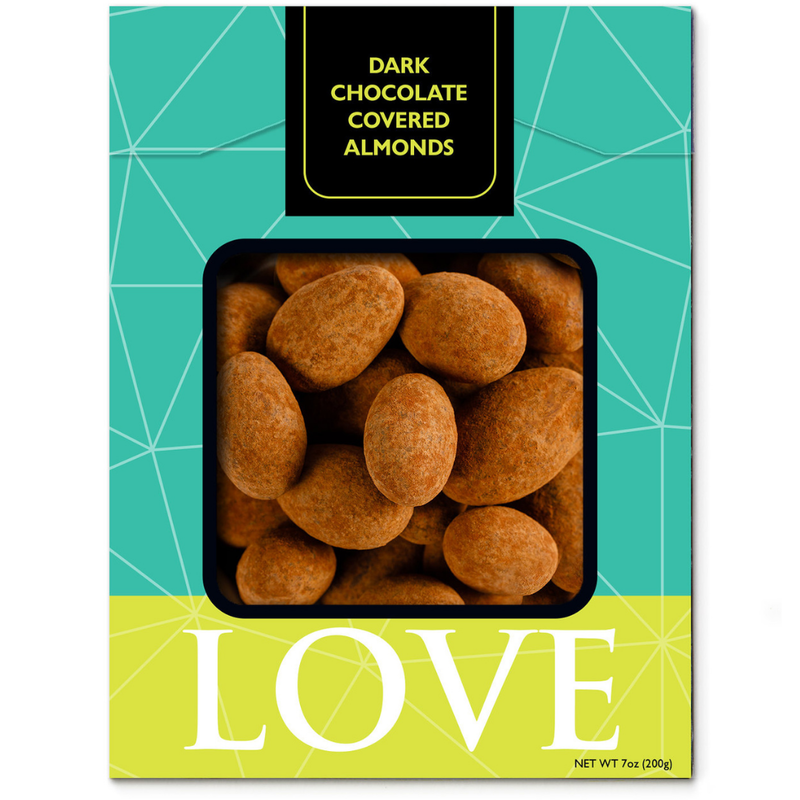 Dark chocolate candied almonds in teal box. 
