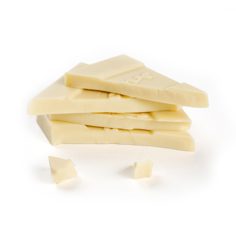Stacked pieces of broken Vegan White Chocolate Bar on white background.