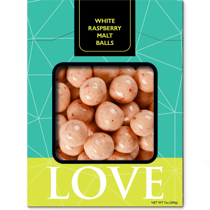 Teal box of white chocolate raspberry malt balls. 