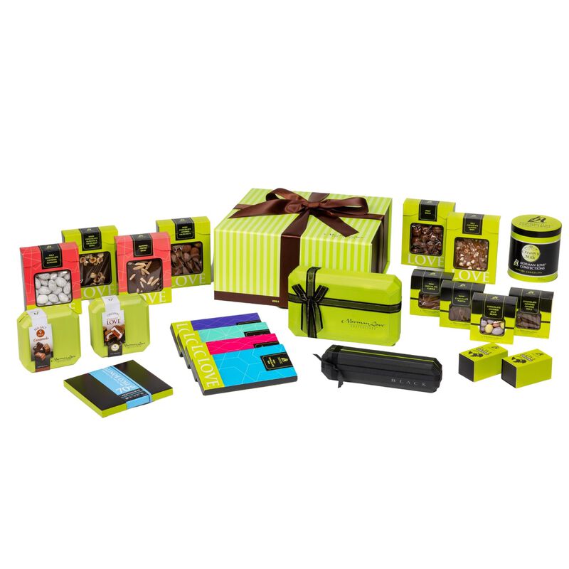 Lime green gift box with brown satin bow on white background. Rectangle multi-colored packaged chocolate, 5 piece black box, 15 piece green box; lime green & pink boxes of candies, lime green drinking chocolate tin, black square chocolate bar. 