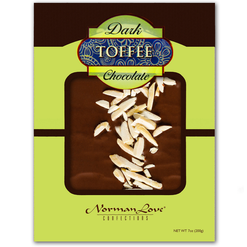 Chocolate covered toffee with almonds in lime green box. 