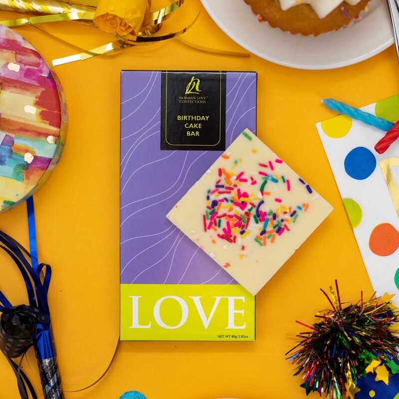 A birthday cake chocolate bar, filled with colorful sprinkles, sitting atop the purple chocolate bar wrapper on a yellow background.