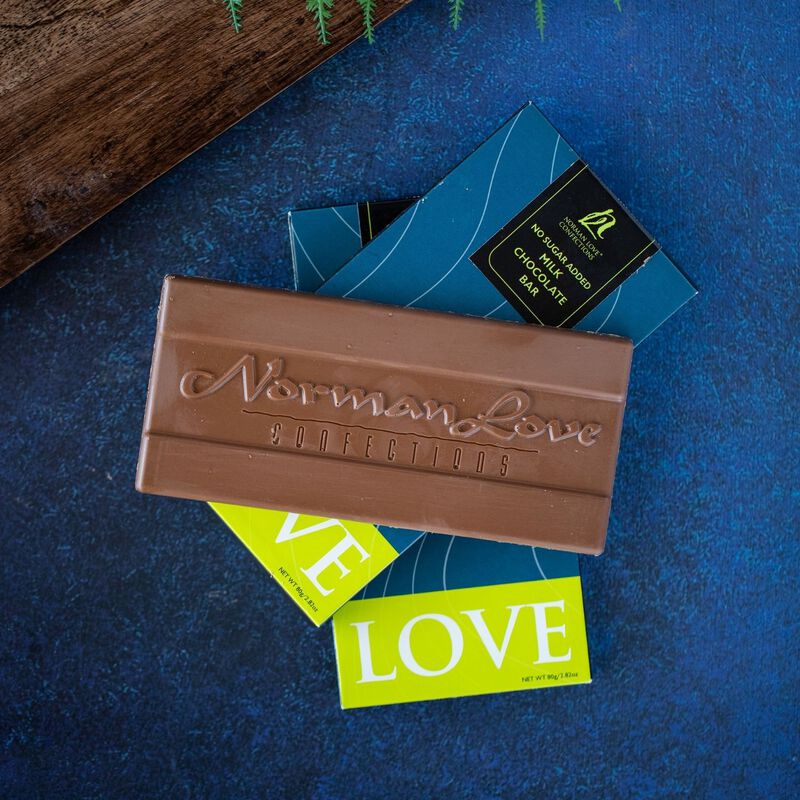 No Sugar Added Milk Chocolate Bar. One unwrapped bar tilted on top of two blue wrapped chocolate bars on dark blue and wood background. 