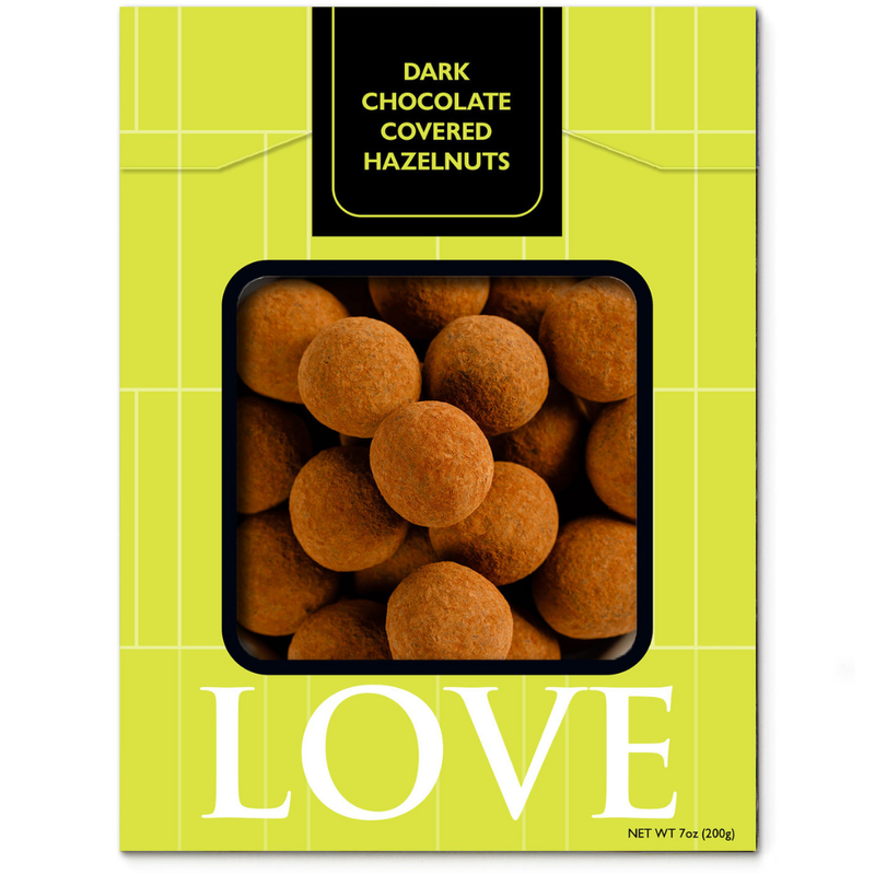 Dark chocolate candied hazelnuts in lime green box
